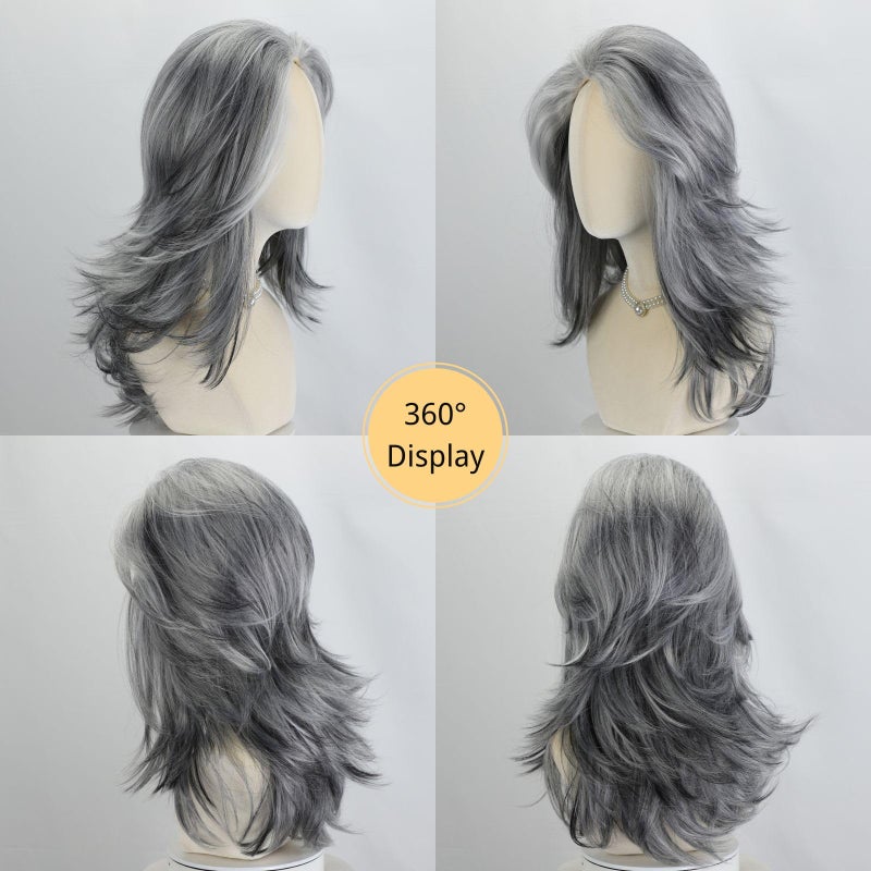 Fencca Silver Grey Wigs For White Women Wavy Layered Wig, Medium-length Salt Pepper Wig With Synthetic Highlight Grey Wave Shaggy Wigs 20Inch Synthetic Hair For Daily Party Use - Image 3